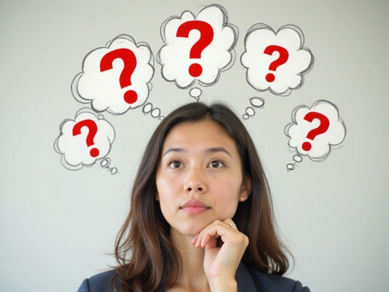 Osoba zastanawiająca się nad pytaniami i odpowiedziami, symbolizująca proces myślenia i rozwiązywania problemów.