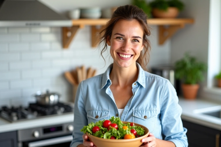 Kobieta z uśmiechem trzymająca zdrowe jedzenie, symbolizująca osiągnięcie celów żywieniowych