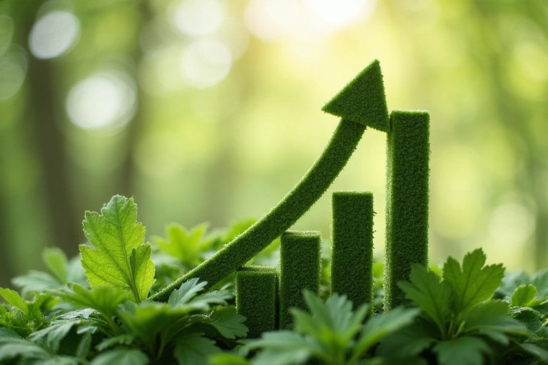 Symboliczny obraz progresu – strzałka w górę na tle zielonych liści, reprezentująca zdrowie i rozwój.